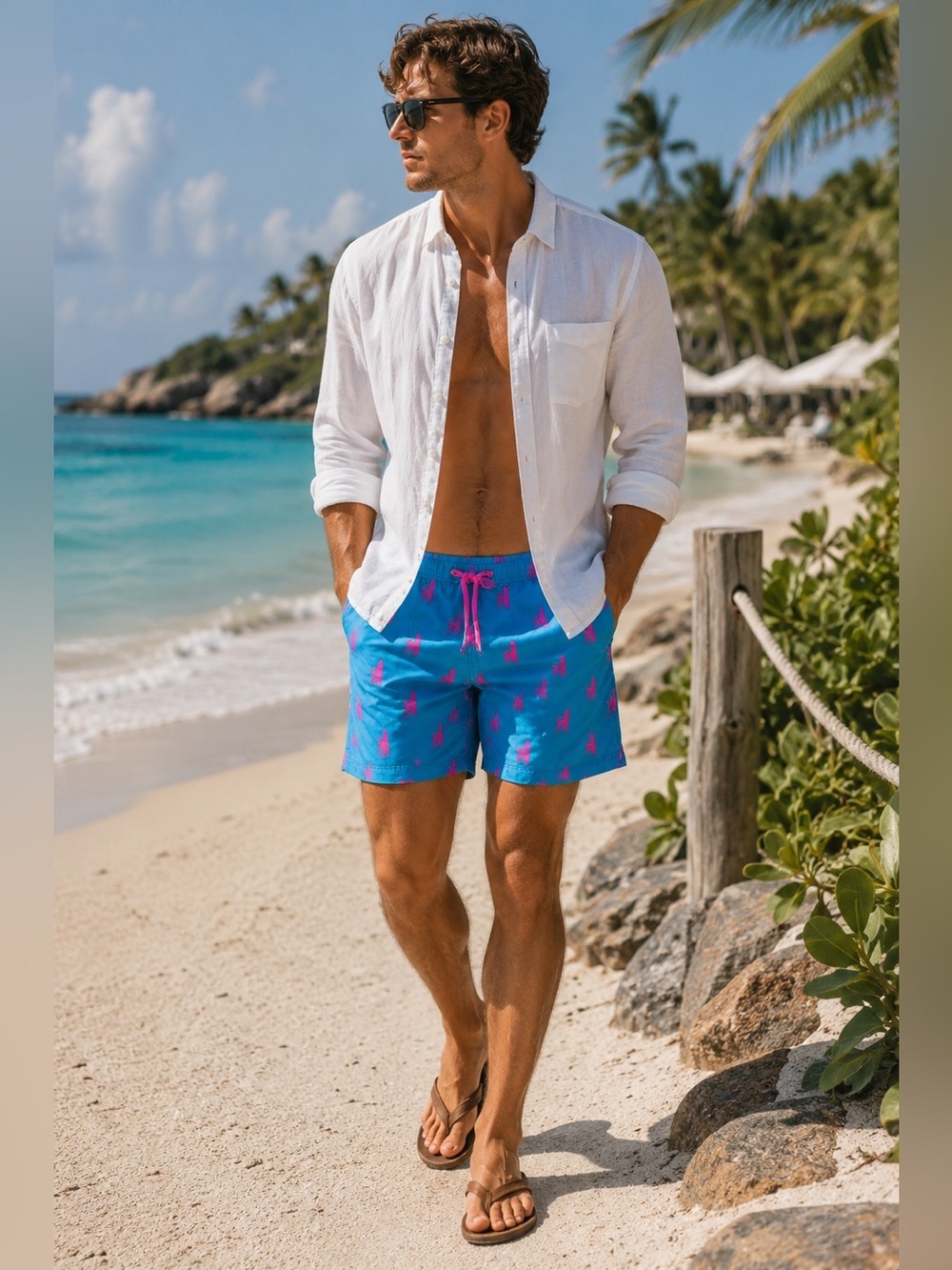 Johnnie O‎ Swim Trunks Mens M Blue All Over Print Logo Lined Shorts Beach Surf
